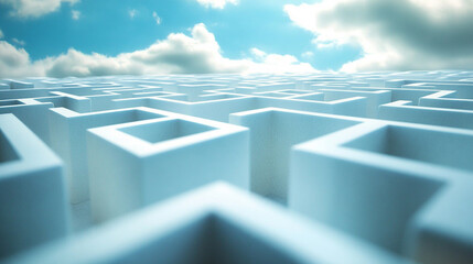 A person navigating a modern shiny maze representing the entrepreneurial journey, highlighting leadership and risk management with a minimalistic bright tone and blurred background symbolizing chaos a