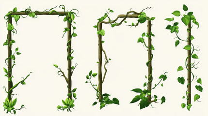 frames and borders made of liana twisted and tangled branch with green leaves. cartoon vector rain f