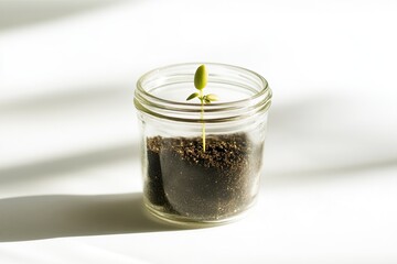 Wall Mural - Fresh sprout emerging from soil in glass jar, illuminated by sof