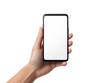 © Mahmuda - Blank Screen Mobile Phone Held by a Hand on a Dark Background, Ready for Design Mockup or App Presentation in Minimalistic Style