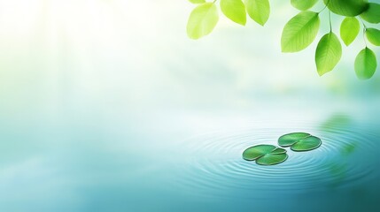 Wall Mural - Tranquil water surface, a single leaf drifts peacefully on green backdrop serene