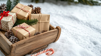 Wall Mural - Cozy wooden sleigh filled with wrapped presents and pinecones in snow