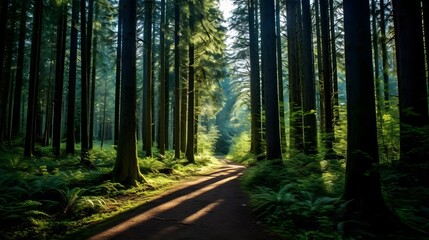 Poster - Serene forest trail winding through a lush verdant landscape surrounded by tall majestic trees creating a tranquil and inviting outdoor setting for nature appreciation