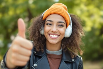 Wall Mural - Woman smiling with headphones, wearing orange beanie and giving thumbs-up outdoors in a natural setting.