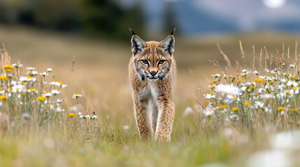 Sticker - Lynx walking through field of tall grass and wildflowers, showcasing nature beauty