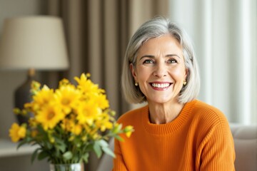 Wall Mural - Portrait of a cheerful woman with gray hair and a bright smile in a cozy room with blurred yellow flowers and warm light.