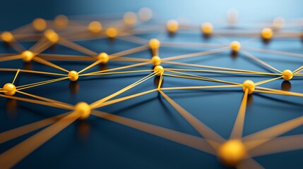 Wall Mural - abstract network connection golden nodes and lines interconnecting on dark blue background