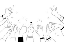 Applause hands set in doodle style. Human hands sketch, scribble arms raised clapping on a white background, featuring various hand positions and a thumb-up gesture silhouette, vector illustration