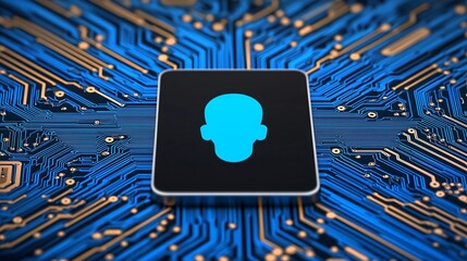 Wall Mural - digital identity blue head icon on circuit board technology concept