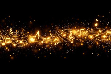 Wall Mural - abstract glowing golden music notes on a black background in a sparkling light-filled design.