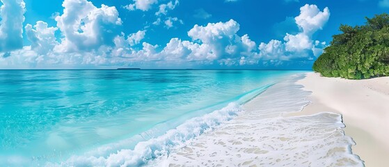tropical paradise with soft white sand, gentle turquoise ocean waves, and a vibrant blue sky dotted 