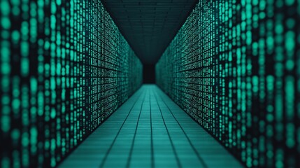 Wall Mural - abstract digital corridor teal binary code walls in a virtual data center