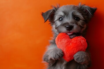 Wall Mural - Cute irish wolfhound hound with fluffy red heart - emblem of love, funny greeting card. Irish wolfhound - my preferred dog. Digital ads depiction art. Love photography valentine's themes.