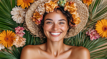 Wall Mural - joyful woman with flower crown smiles brightly among tropical leaves and blooms