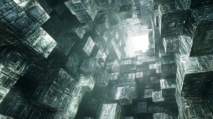 Wall Mural - futuristic glass cube cityscape abstract 3d render of interlocking glass structures