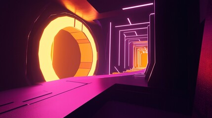 Wall Mural - futuristic neon corridor abstract cyberpunk tunnel glowing pink and orange lights sci fi