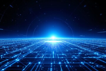 Wall Mural - futuristic digital horizon with glowing blue grid and light burst in space.