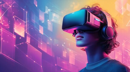 Wall Mural - immersive virtual reality experience young woman exploring metaverse with vr headset