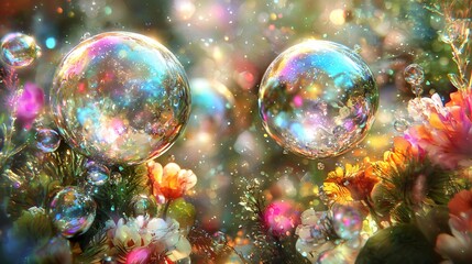 Wall Mural - sparkling rainbow bubbles floating amidst vibrant flowers and shimmering lights