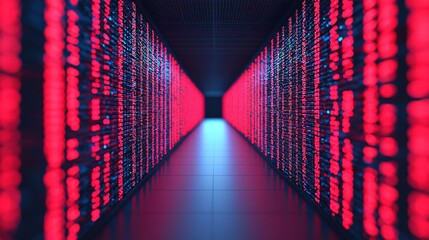 Wall Mural - futuristic data center corridor red and blue illuminated server racks with binary code