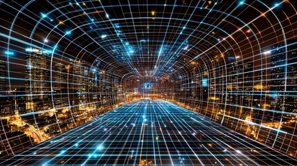 Wall Mural - futuristic cityscape digital grid network tunnel at night