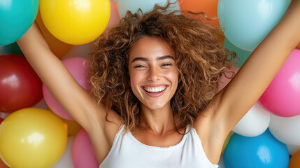 Wall Mural - Happy woman with curly hair celebrating among colorful balloons