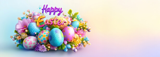 Wall Mural - Colorful Easter Egg Display with Floral Arrangement and Happy Easter Greeting. Easter banner