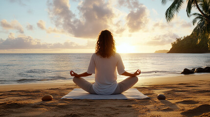 Sticker - Radiant woman practicing yoga on beach at sunset, feeling serene and connected