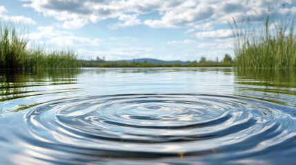 Wall Mural - Calm water ripples across serene pond under bright sky