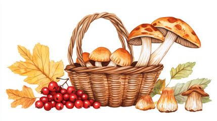 Wicker basket with autumn mushrooms and berries. Cartoon vector illustration set of fall edible and poisonous season plants - porcini fungus, fly agaric and chanterelles, red small fruits on branch.