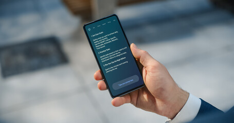 Fototapete - POV Shot: Business Person Holds Smartphone Screen Shows AI Chatbot Interface in Use. Display Productivity Tips and Management Advice, AI Assistant for Personal Efficiency and Organization in eBusiness