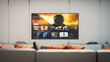 © Gorodenkoff - Modern Living Room With TV Displaying a Streaming Service Interface Featuring Sci-fi Shows and Movies. Cozy Seating and Minimalist Decor Enhance the Digital Experience
