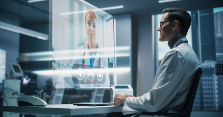 Aufkleber - In a Medical Office, a Physician Conducts a Holographic Video Call With a Smiling Female Specialist Colleague. Video Consultation Where Physician Discusses Medical Exam Test Results and Telehealth.