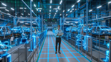 technician activates futuristic automotive factory, warehouse construction of robotic arms and vehic