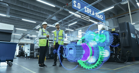 Poster - Engineers Use Augmented Reality to Visualize 3D Engine Turbine Concept in Factory Setting. Holographic Display Shows VFX Mechanical Components, Design and Analysis Processes for Industrial Innovation.