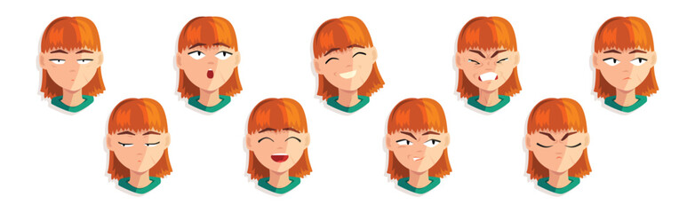 Wall Mural - Redhead Woman Head and Avatar with Emotion Vector Set