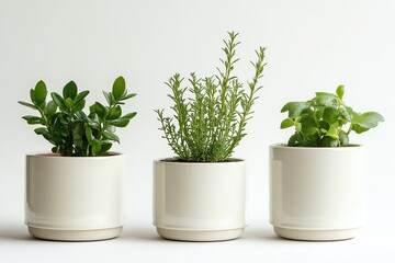 Three potted herbs in minimalist ceramic planters: a serene botanical arrangement