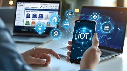 A person using a smartphone with a glowing 'IoT' interface displayed