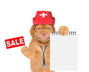 Aufkleber - Smiling puppy dressed like a doctor with stethoscope showing blank notebook and holding signboard with labeled 