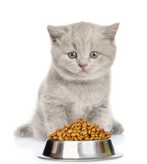 Poster - Cute kitten sits with bowl of dry food for pets. isolated on white background