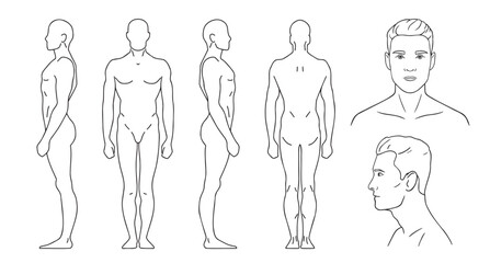 human silhouette man outline template. vector line figure of a person in front, back, side. 