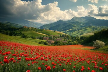 Wall Mural - Idyllic Tuscan Landscape with Blooming Poppies