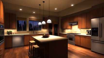 Modern kitchen interior at night with warm lighting, wooden cabinets, and fruit bowl on island