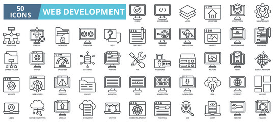 Web development icon collection set. Containing check, web coding, layer, homepage, protection, maintenance, workflow, startup icon. Simple line vector