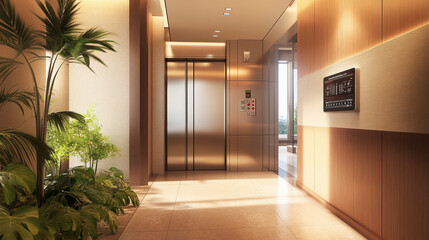 Open and closed elevator doors in office hallway. Vector realistic empty modern interior with lift, metal panel with buttons and floor display on wall in hall of hotel or house