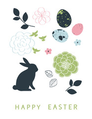 Wall Mural - Set of Happy Easter design element or sticker. Holiday collection. Easter little bunny shape, egg, bird, leaf and flower silhouette isolated on white. Happy Easter text. Vector stock illustration.