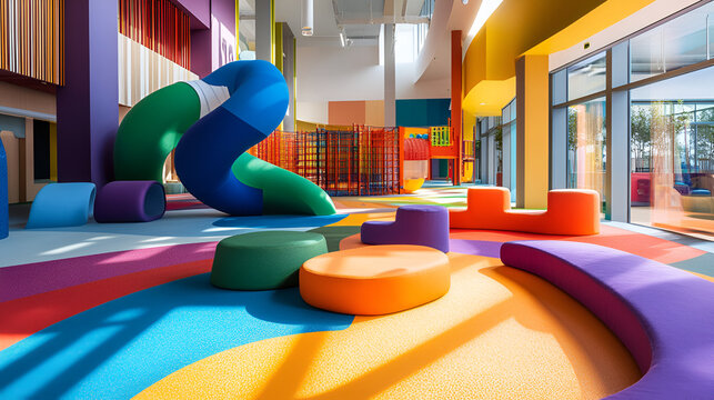 colorful indoor playground, vibrant children's space, interactive learning, whimsical environment