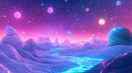 Wall Mural - vibrant fantasy landscape with colorful planets and stars