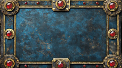 Golden vintage game frames, ui medieval square borders from metal, gems, blue panels with red buttons. Cartoon empty metallic bordering with gemstone isolated design elements, Vector illustration set