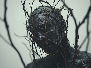 decaying figure, thorny vines, dark background, eerie and unsettling scene